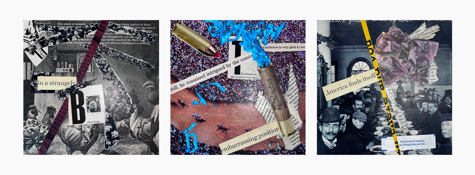 Mixed-media collage triptych: each panel on 6x6 gesso board with photographs and text