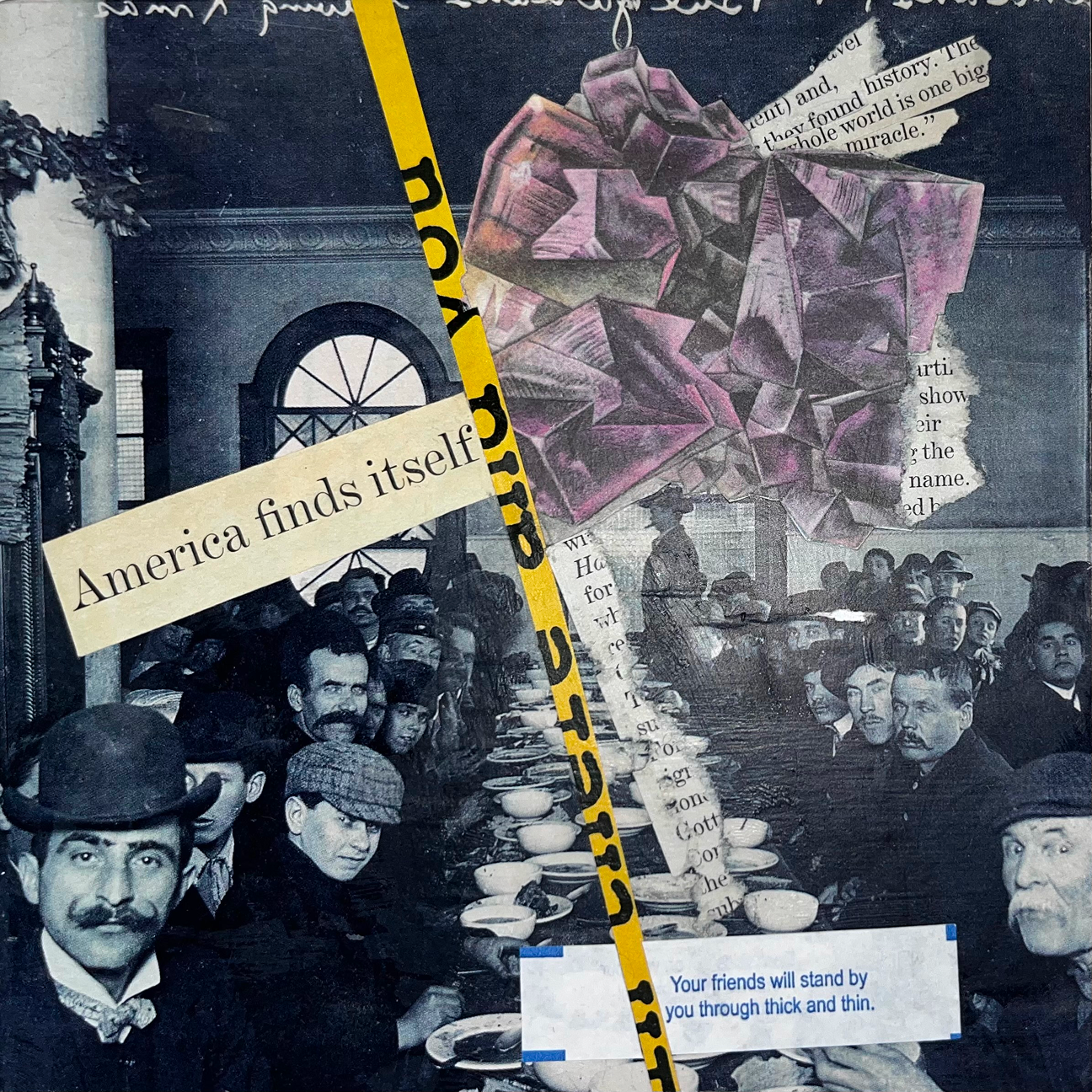 Mixed-media collage on 6x6 gesso board with black and white photographs and text
