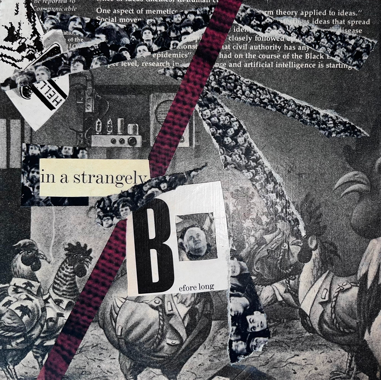Mixed-media collage on 6x6 gesso board with black and white photographs and text