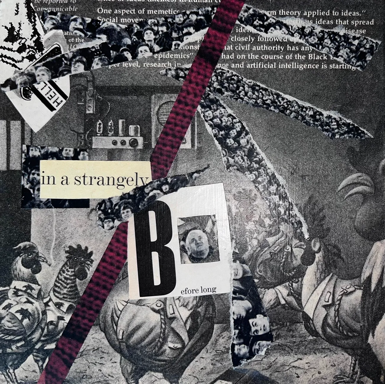 Mixed-media collage on 6x6 gesso board with black and white photographs and text