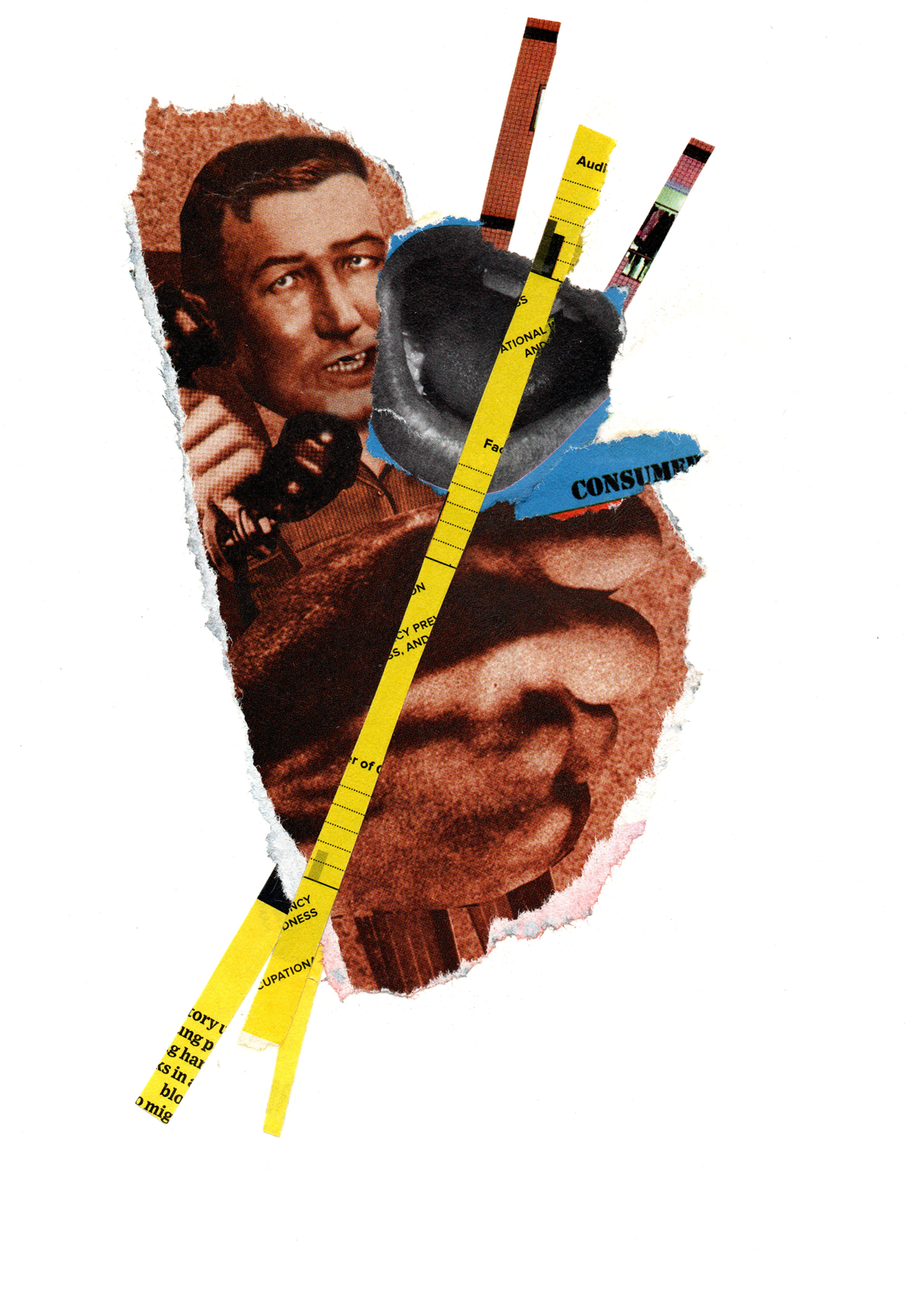 Images of blue lips and a petulant man on the phone, crossed behind and in front with thin strips of paper