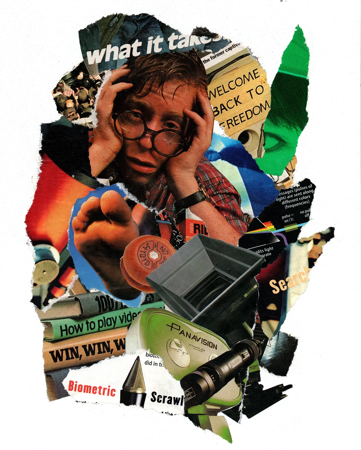 Welcome back to freedom Chaotic collage of text and imagery from Wired and Gaming magazines