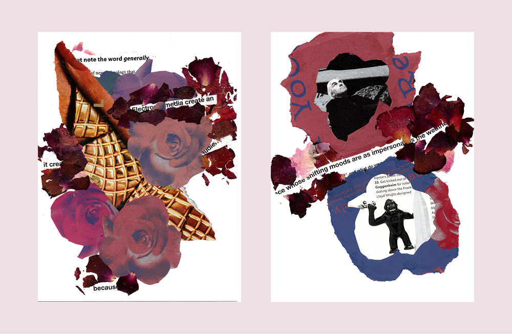 Collage diptych with flowers and text Diptych collage with flower petals, paper flowers, the negative space from the cutting out of the paper flowers, and text