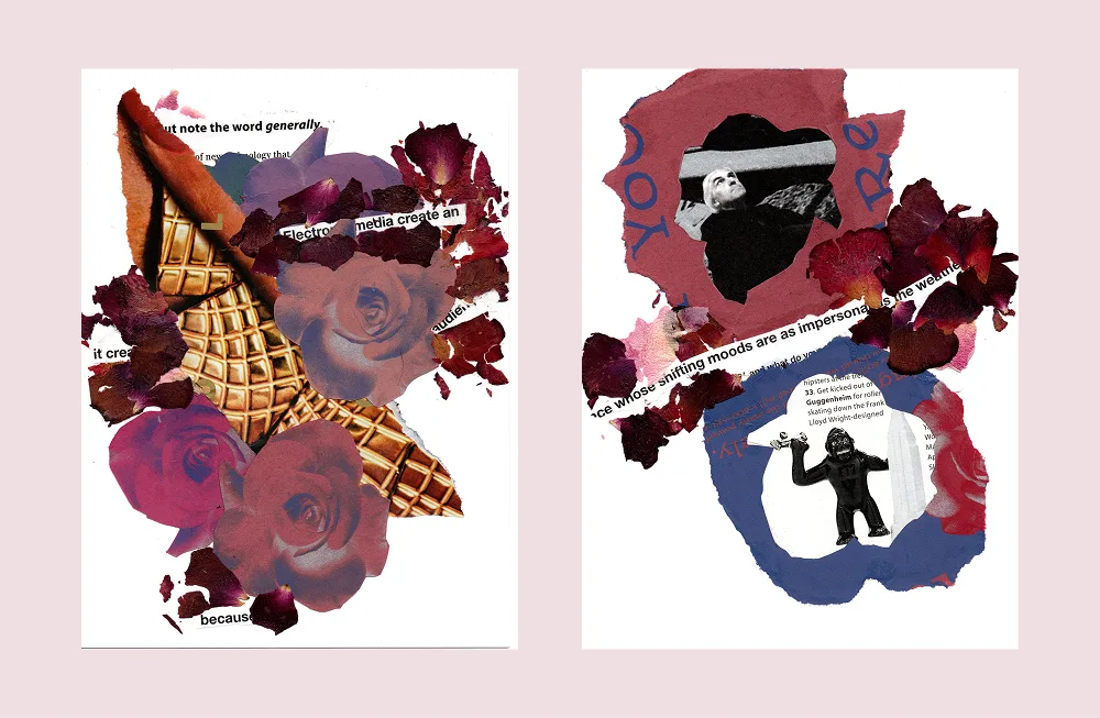 Diptych collage with flower petals, paper flowers, the negative space from the cutting out of the paper flowers, and text