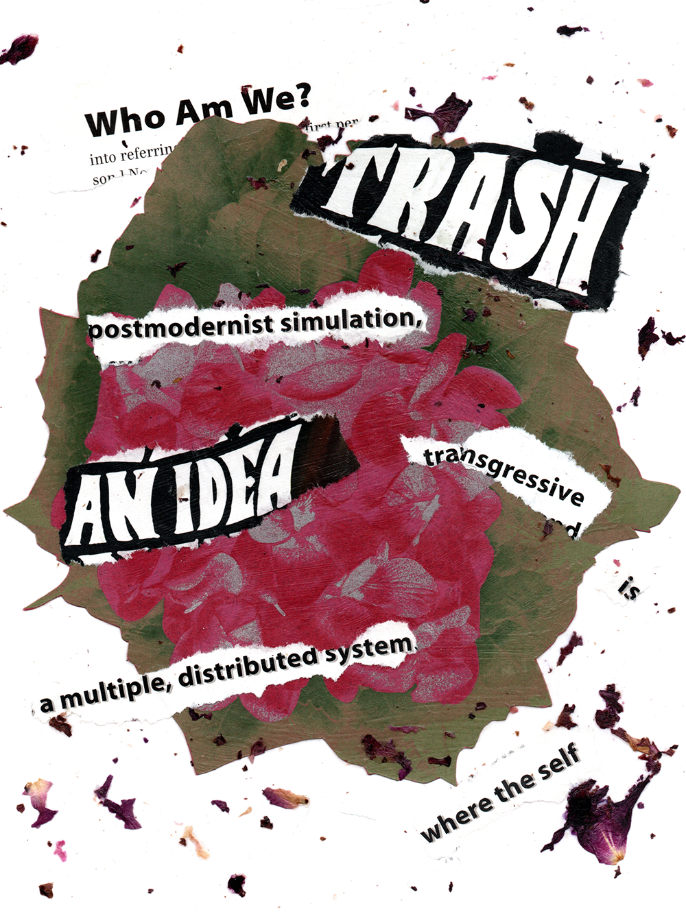 Collage with flowers and text Collage with flower petals, paper flowers and text