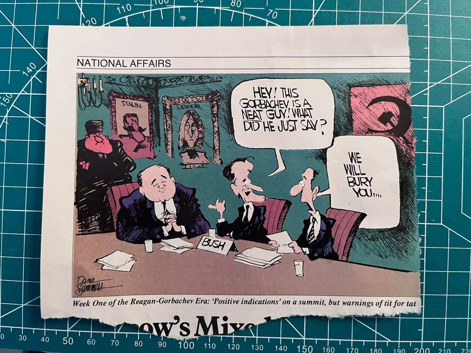 Newsweek political cartoon with Gorbachev, Bush Sr., and paintings of Stalin (the Soviet dicator) and Lennon (the Beatle) on the wall.