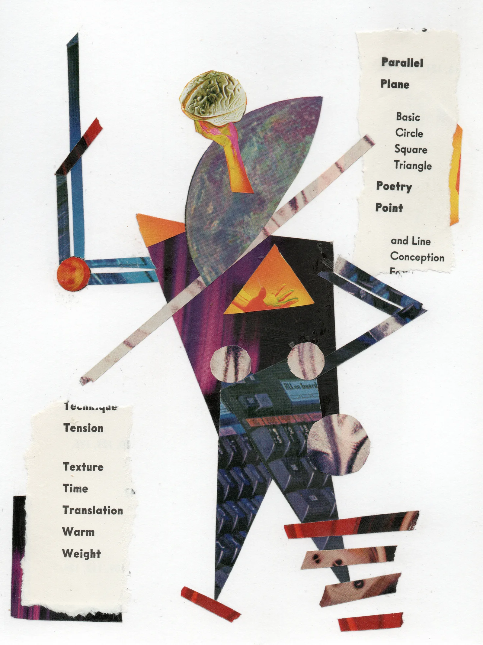 Humanoid collage no 1 Collage of a humanoid sort of figure, geometric, with blues and purples offset by oranges. Columns of printed words frame the figure