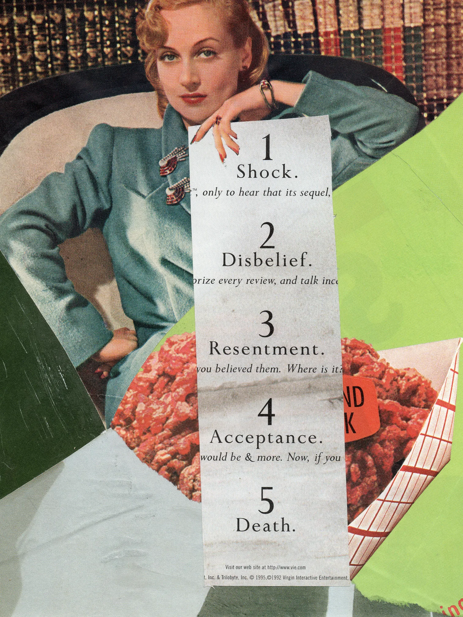 Collage of 1940s-era advertisement featuring a professional woman in a teal suit, with images from 90s-era Wired magazines, lots of green, and a playful five-point overview of the grief cycle.