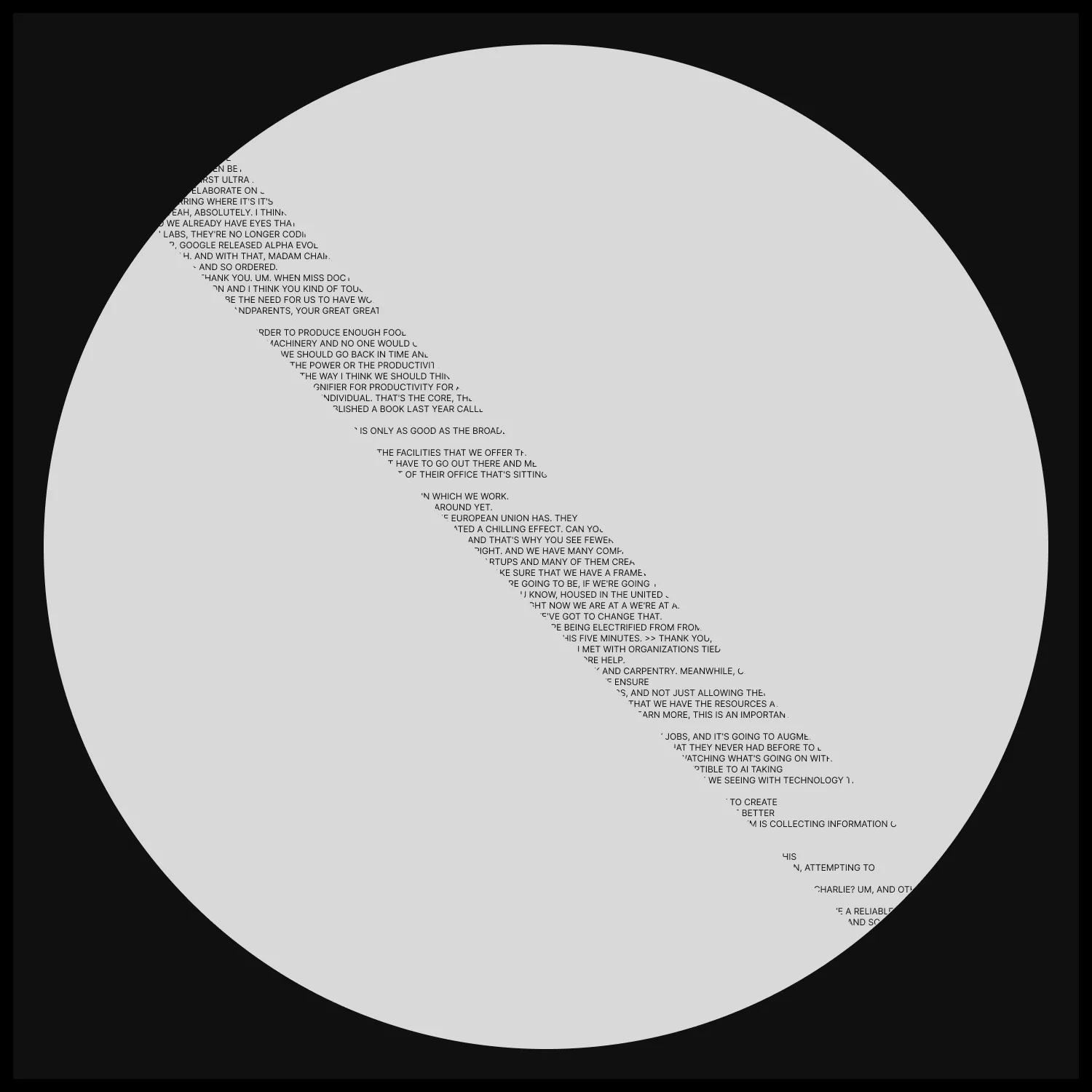 Single of text from transcript of Congressional AI hearing, revealed in thin strip at 45 degrees rotation. (text taken from the transcript of this hearing video: https://www.youtube.com/watch?v=0ytOZF3cdXw)