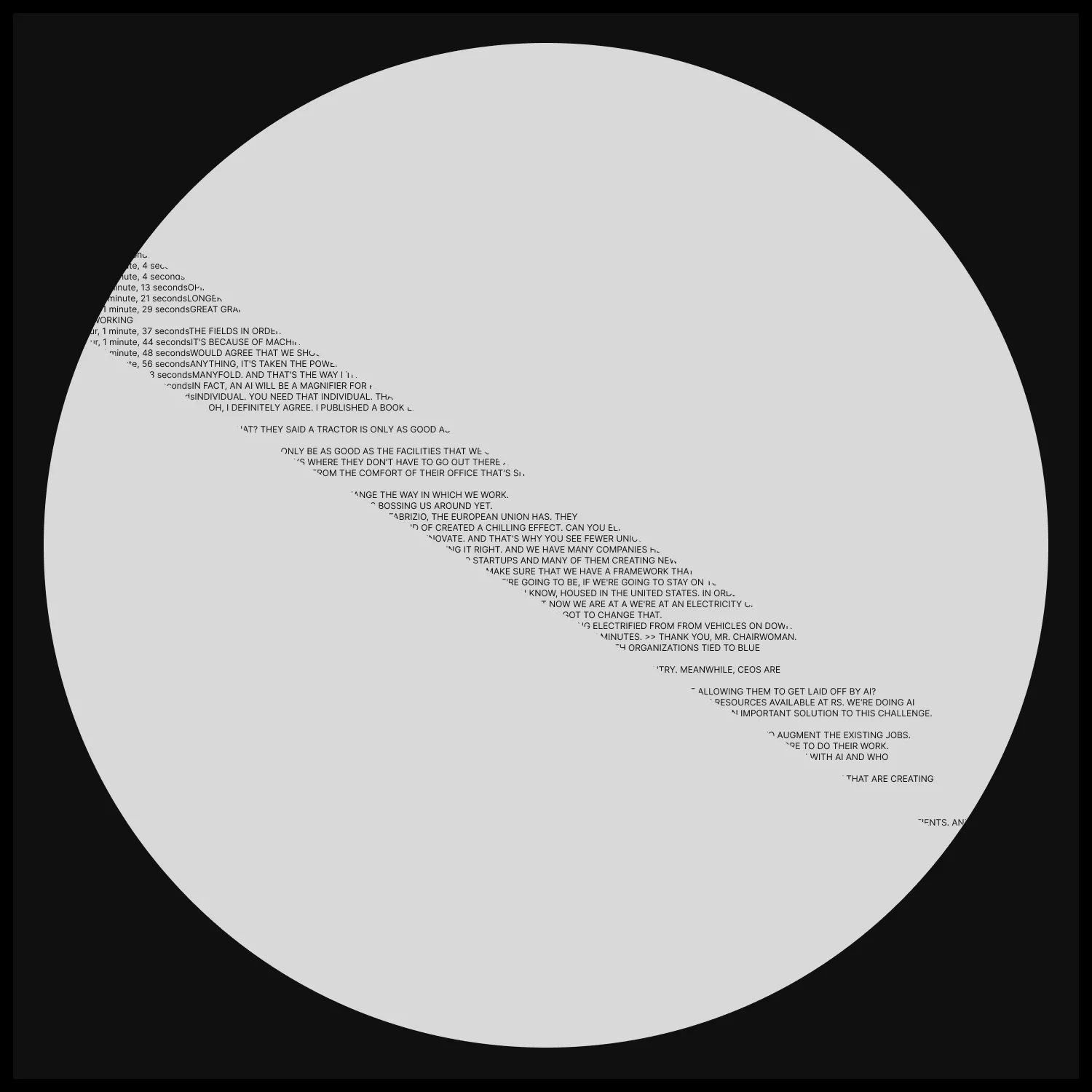 Single of text from transcript of Congressional AI hearing, revealed in thin strip at 60 degrees rotation. (text taken from the transcript of this hearing video: https://www.youtube.com/watch?v=0ytOZF3cdXw)