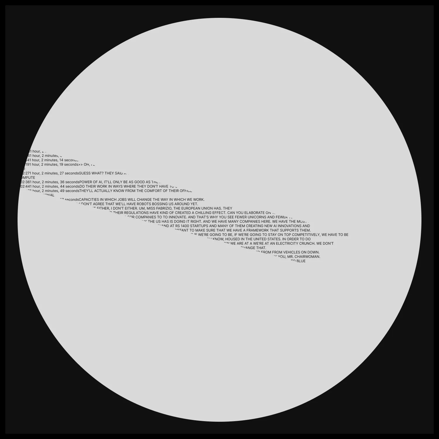 Single of text from transcript of Congressional AI hearing, revealed in thin strip at 75 degrees rotation. (text taken from the transcript of this hearing video: https://www.youtube.com/watch?v=0ytOZF3cdXw)