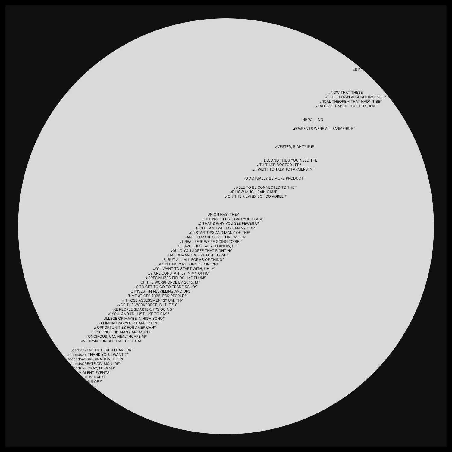 Single of text from transcript of Congressional AI hearing, revealed in thin strip at 135 degrees rotation. (text taken from the transcript of this hearing video: https://www.youtube.com/watch?v=0ytOZF3cdXw)