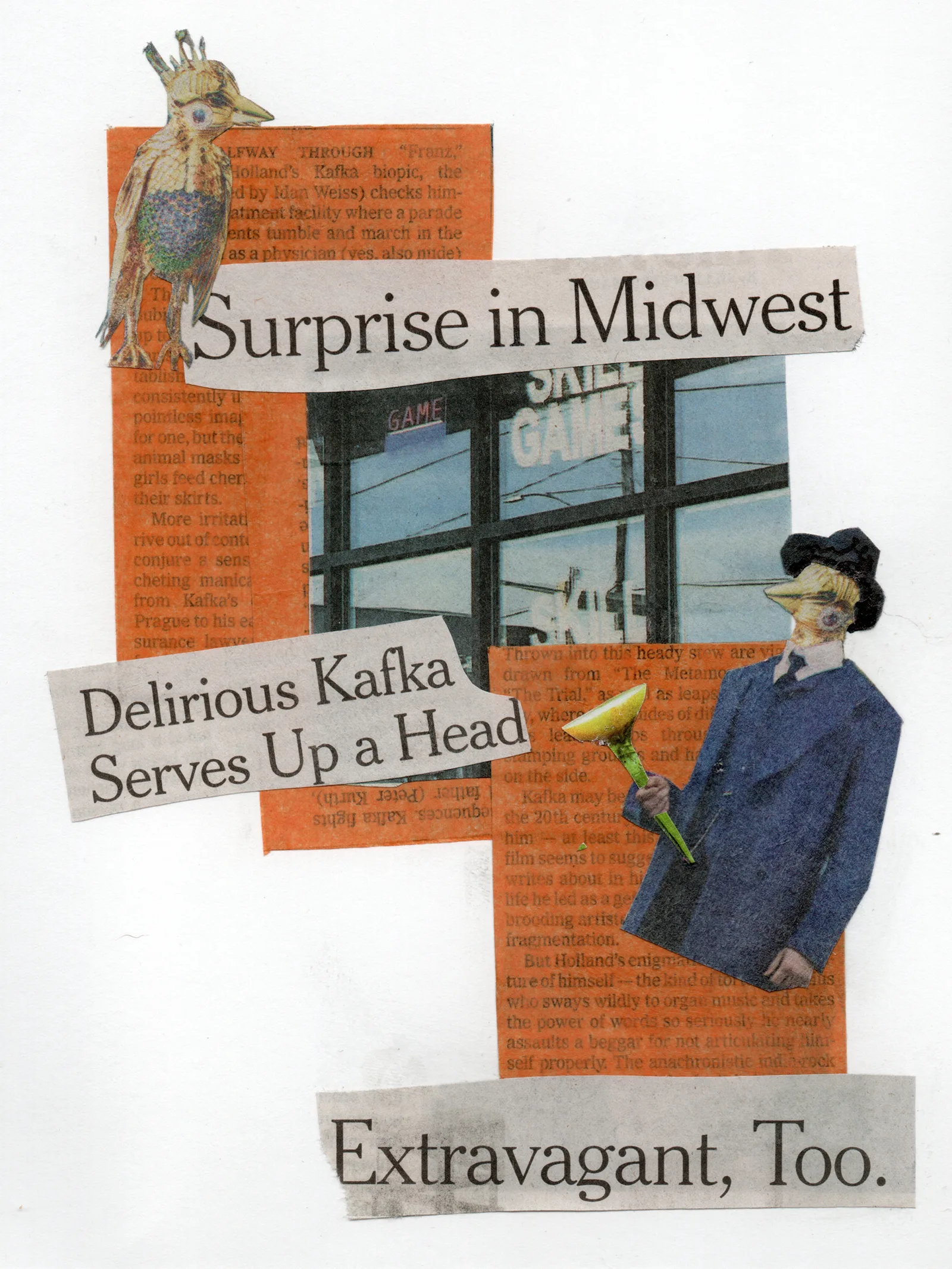 Extravagant, Too Collage of orange-overlayed text of a review of "Franz," a Kafka biopic, along with images of Van Clief birds, a still from the Kafka movie, a window with the text "Skill Games," and various headlines, all from the 21 Aug 2026 edition of the New York Times
