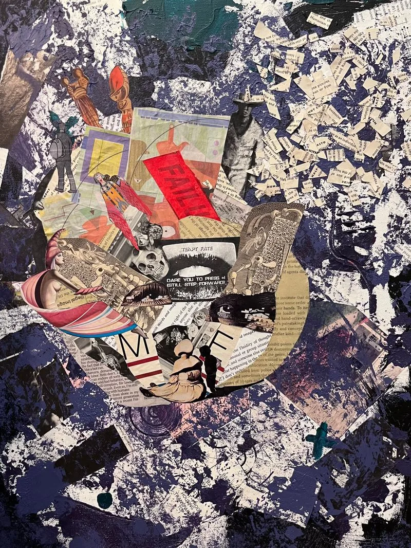 Untitled: collage with many text layers on canvas with black and blue abstract background